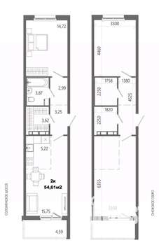 2-к квартира, строящийся дом, 54м2, 10/14 этаж