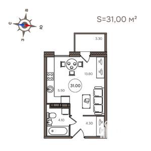 1-к квартира, строящийся дом, 31м2, 4/9 этаж