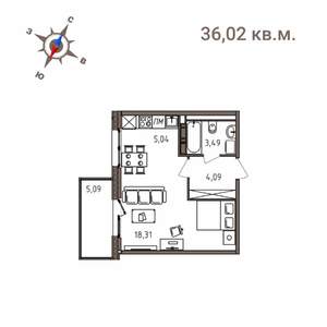 1-к квартира, строящийся дом, 36м2, 3/4 этаж