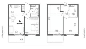 2-к квартира, строящийся дом, 43м2, 12/14 этаж