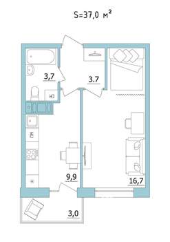 1-к квартира, строящийся дом, 37м2, 24/24 этаж