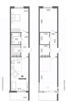2-к квартира, строящийся дом, 54м2, 6/14 этаж