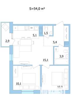 3-к квартира, строящийся дом, 54м2, 3/9 этаж