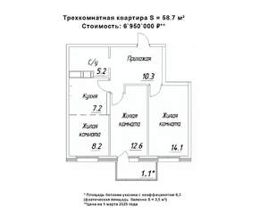 3-к квартира, строящийся дом, 59м2, 5/16 этаж