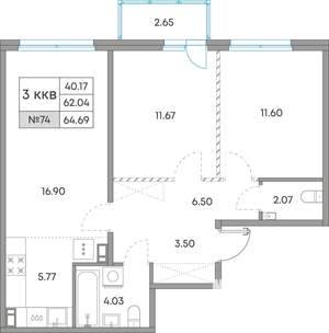 3-к квартира, вторичка, 65м2, 5/7 этаж