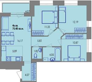 3-к квартира, вторичка, 75м2, 2/4 этаж