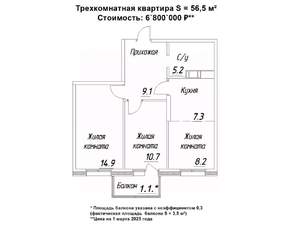 3-к квартира, строящийся дом, 57м2, 5/16 этаж