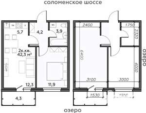 2-к квартира, строящийся дом, 42м2, 23/25 этаж