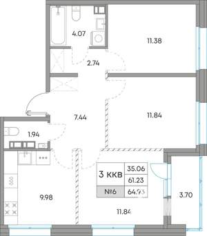 3-к квартира, вторичка, 65м2, 5/7 этаж