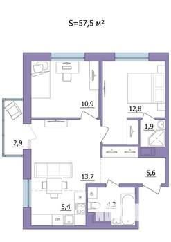 3-к квартира, строящийся дом, 58м2, 14/23 этаж