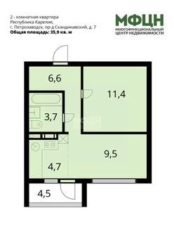 2-к квартира, вторичка, 36м2, 1/9 этаж