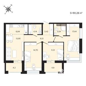 3-к квартира, вторичка, 90м2, 20/25 этаж