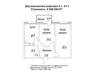 2-к квартира, строящийся дом, 51м2, 11/16 этаж