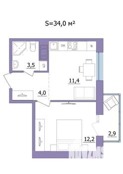 1-к квартира, строящийся дом, 34м2, 16/23 этаж