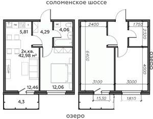 2-к квартира, строящийся дом, 43м2, 13/21 этаж