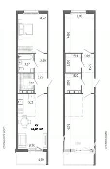 2-к квартира, строящийся дом, 54м2, 11/14 этаж