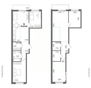 3-к квартира, строящийся дом, 61м2, 9/14 этаж