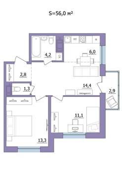 3-к квартира, строящийся дом, 56м2, 20/23 этаж