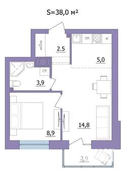 2-к квартира, строящийся дом, 38м2, 3/23 этаж