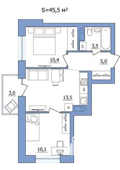 2-к квартира, строящийся дом, 46м2, 2/19 этаж