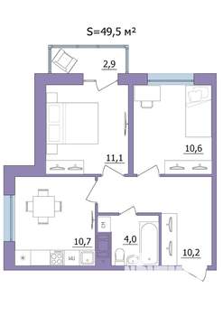 2-к квартира, строящийся дом, 50м2, 17/23 этаж