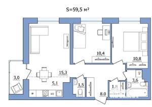 3-к квартира, строящийся дом, 60м2, 9/19 этаж