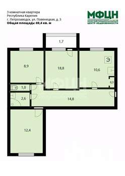 3-к квартира, вторичка, 69м2, 3/5 этаж