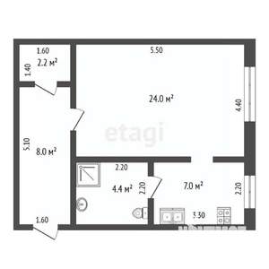 1-к квартира, вторичка, 47м2, 1/2 этаж