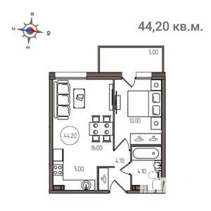 2-к квартира, строящийся дом, 44м2, 6/9 этаж