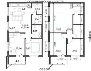 3-к квартира, строящийся дом, 62м2, 19/21 этаж
