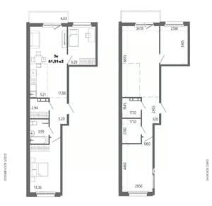 3-к квартира, строящийся дом, 61м2, 8/14 этаж