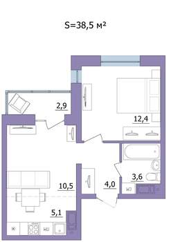 2-к квартира, строящийся дом, 39м2, 13/23 этаж