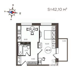 1-к квартира, строящийся дом, 42м2, 1/9 этаж