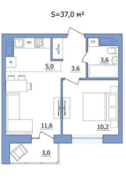 2-к квартира, строящийся дом, 37м2, 9/19 этаж