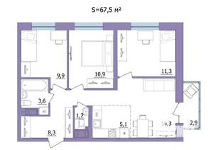 4-к квартира, строящийся дом, 68м2, 8/23 этаж