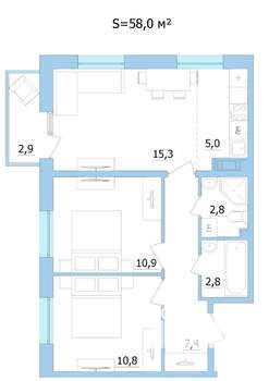 3-к квартира, строящийся дом, 58м2, 5/9 этаж