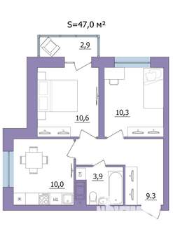 2-к квартира, строящийся дом, 47м2, 3/23 этаж