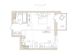 2-к квартира, вторичка, 43м2, 4/17 этаж