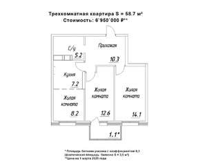 3-к квартира, строящийся дом, 59м2, 8/16 этаж