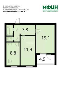 2-к квартира, вторичка, 51м2, 3/5 этаж