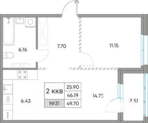 2-к квартира, вторичка, 50м2, 2/7 этаж