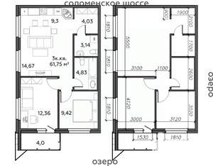 3-к квартира, строящийся дом, 62м2, 20/21 этаж