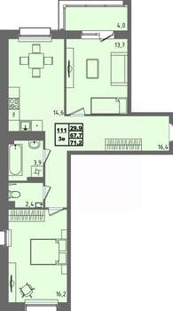2-к квартира, вторичка, 71м2, 1/4 этаж