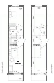 2-к квартира, строящийся дом, 54м2, 5/14 этаж