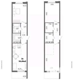 2-к квартира, строящийся дом, 54м2, 3/14 этаж