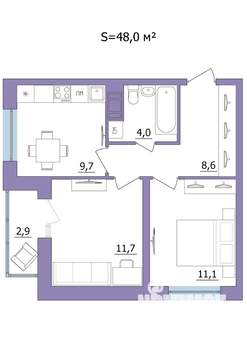 2-к квартира, строящийся дом, 48м2, 9/23 этаж