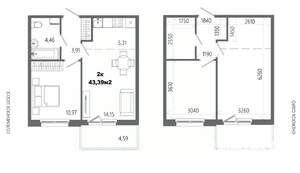 2-к квартира, строящийся дом, 43м2, 2/14 этаж