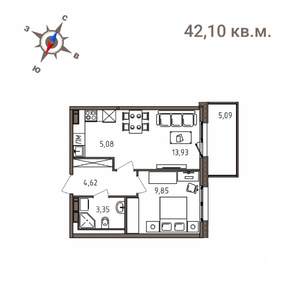 2-к квартира, строящийся дом, 42м2, 3/4 этаж