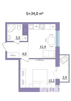 1-к квартира, строящийся дом, 34м2, 13/23 этаж