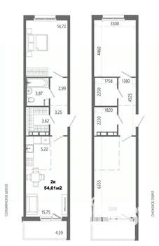 2-к квартира, строящийся дом, 54м2, 2/14 этаж